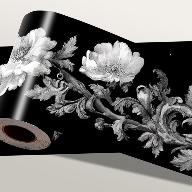 IOHEFY Black White Floral Wallpaper Border 196x4 Inch Removable Wall Border Peel and Stick Rose Flower Design for Bedroom Bathroom Living Room Kitchen Wall Trim Decor Elegant Vintage Style - Image 1